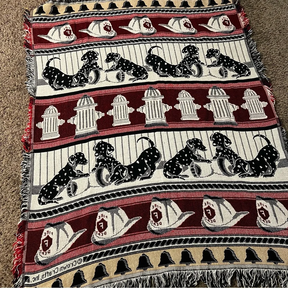 Vintage Crown Crafts Firefighter Fireman Dalmation Dogs Tapestry Blanket Throw